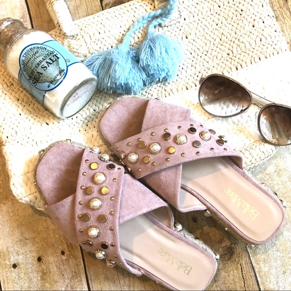 Shoes - New! Blush Pink Faux Suede Sandal with Pearls